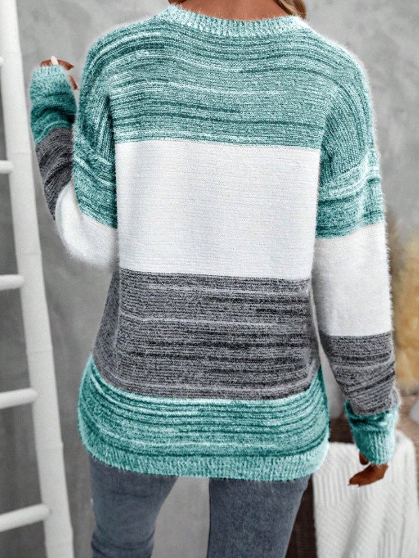 Damen Baumwolle Gestreift Langarm Bequem Lässig Pullover
