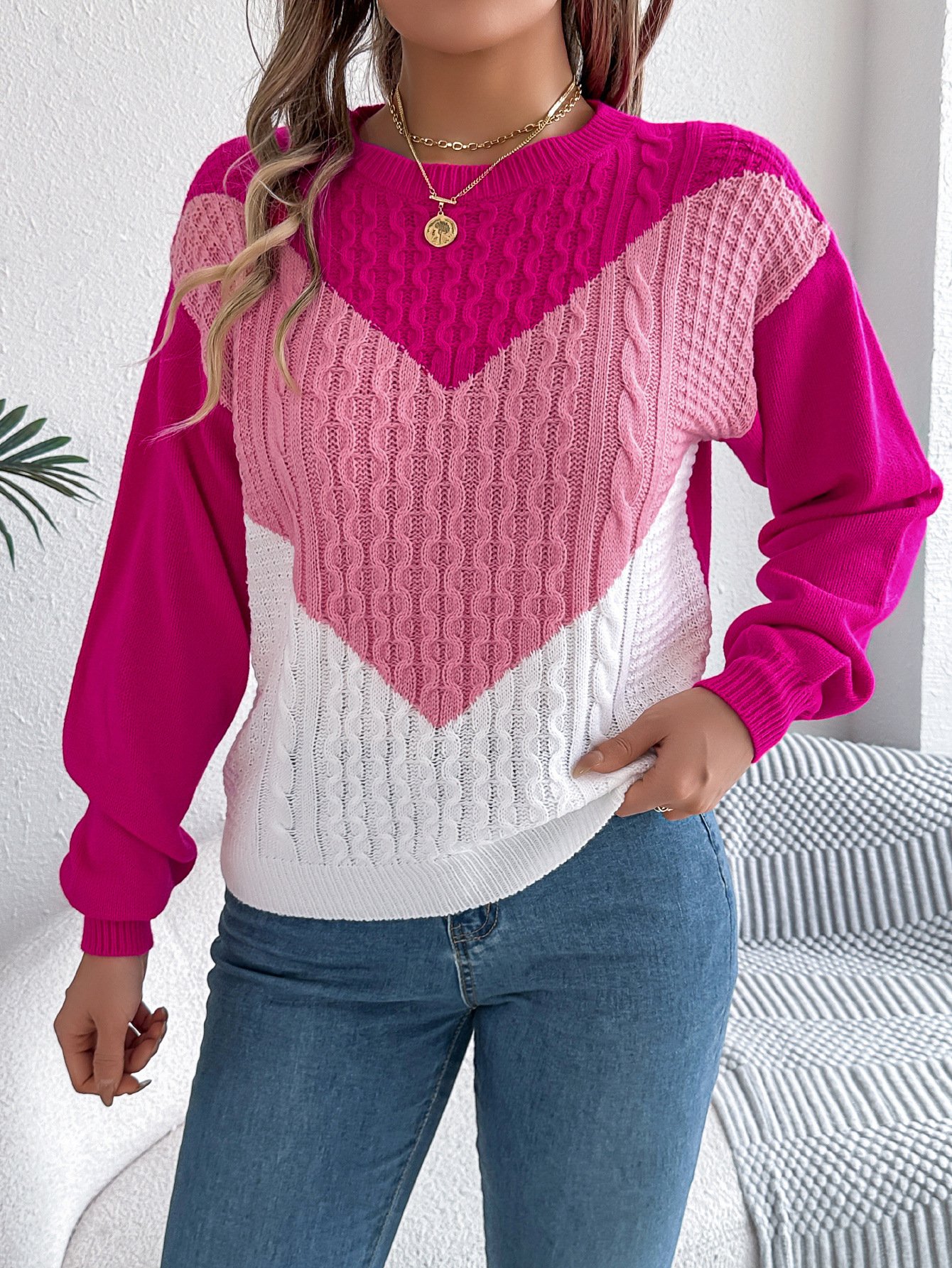 Damen Baumwolle Geometrisch Langarm Bequem Lässig Pullover