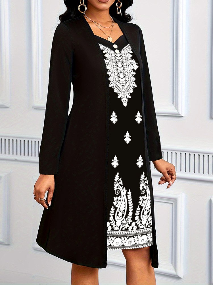 Damen Geometrisch Frühling/Herbst Kleid V-Ausschnitt Langarm A-Linien-Kleid