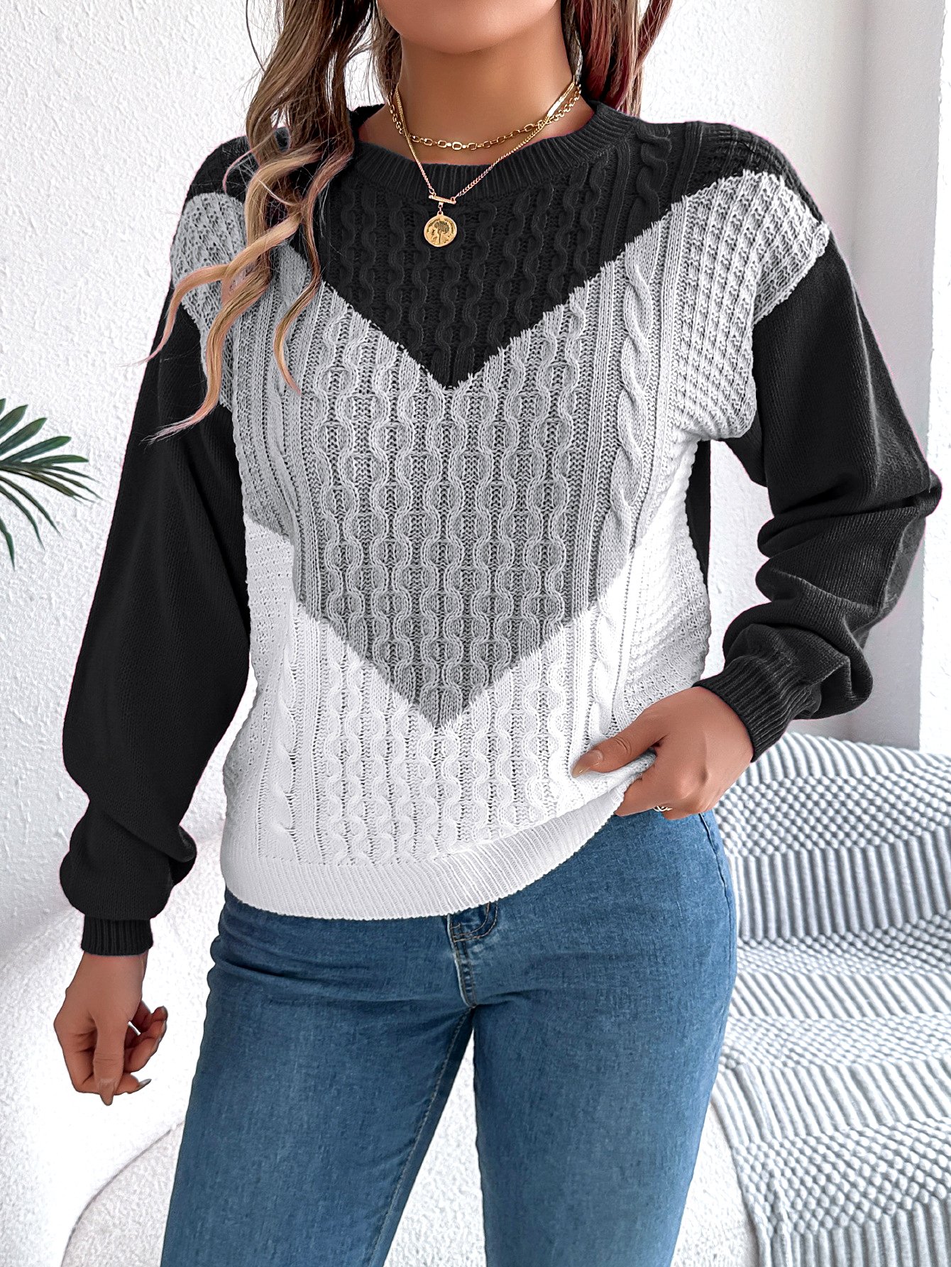 Damen Baumwolle Geometrisch Langarm Bequem Lässig Pullover