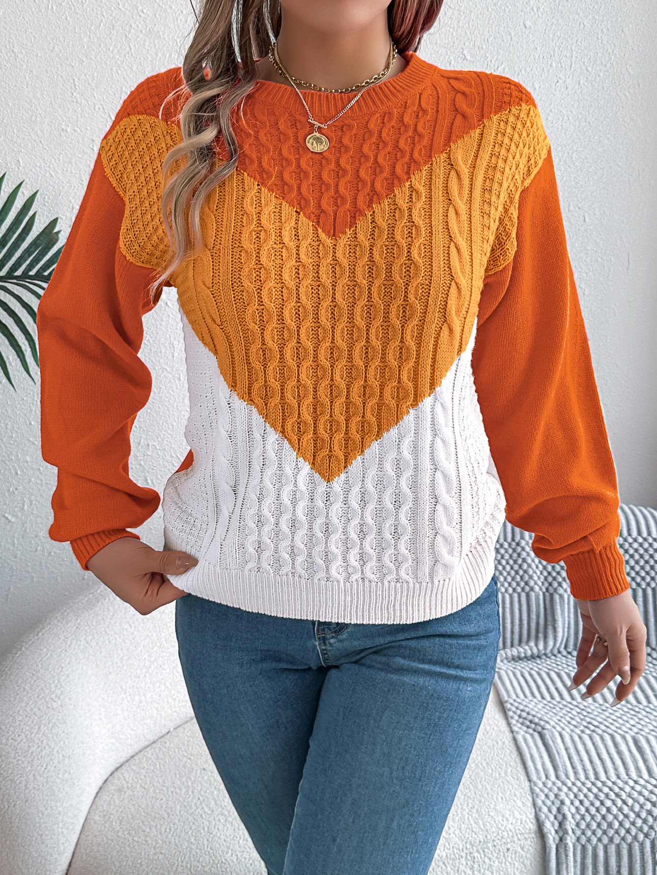 Damen Baumwolle Geometrisch Langarm Bequem Lässig Pullover