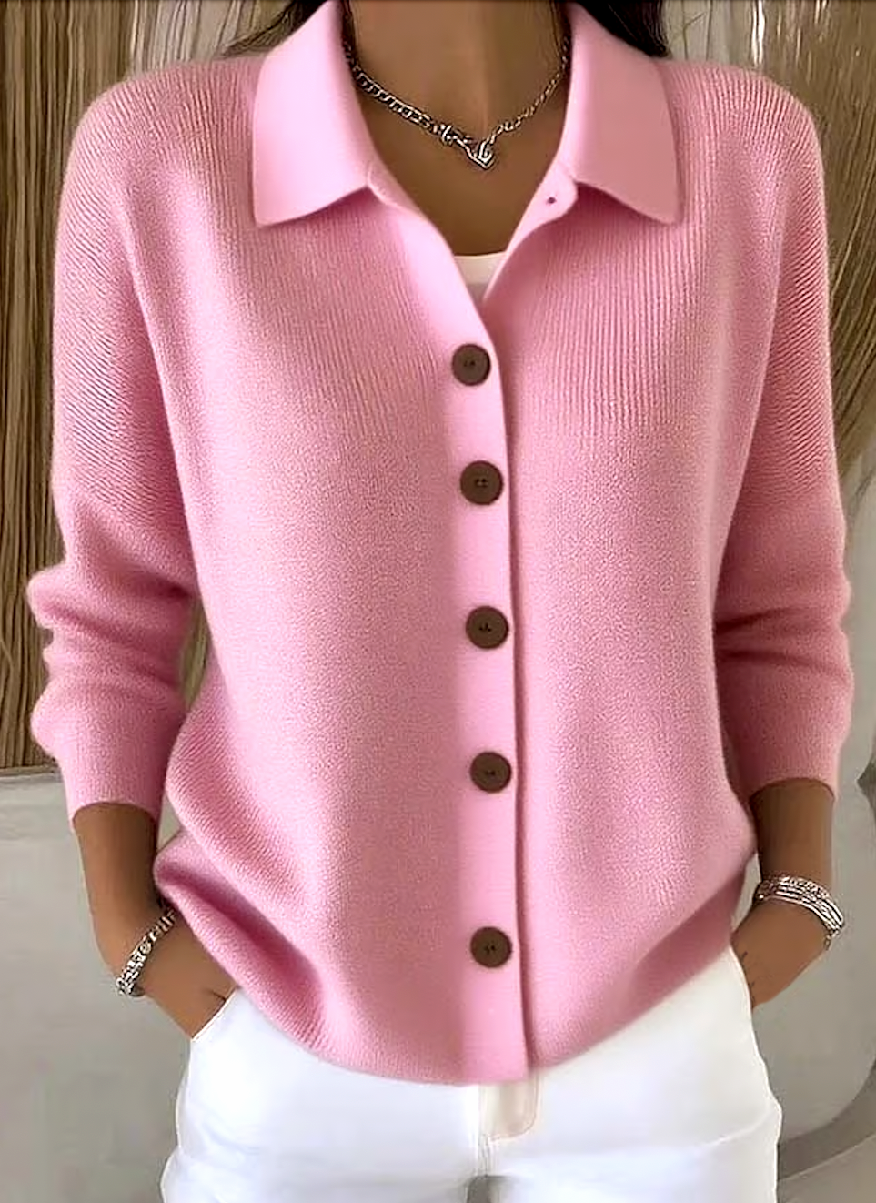 Damen Baumwolle Unifarben Langarm Bequem Lässig Strickjacke