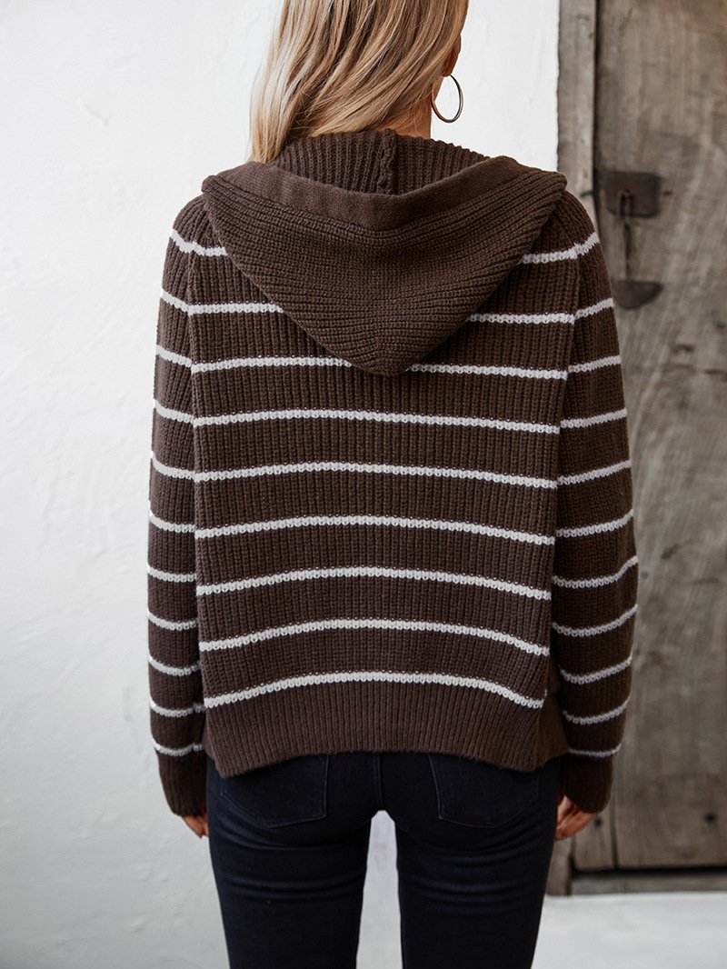 Damen Baumwolle Gestreift Langarm Bequem Lässig Strickjacke