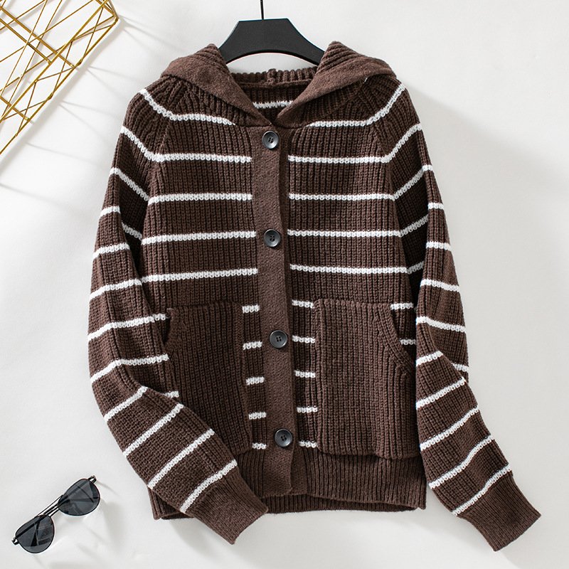 Damen Baumwolle Gestreift Langarm Bequem Lässig Strickjacke