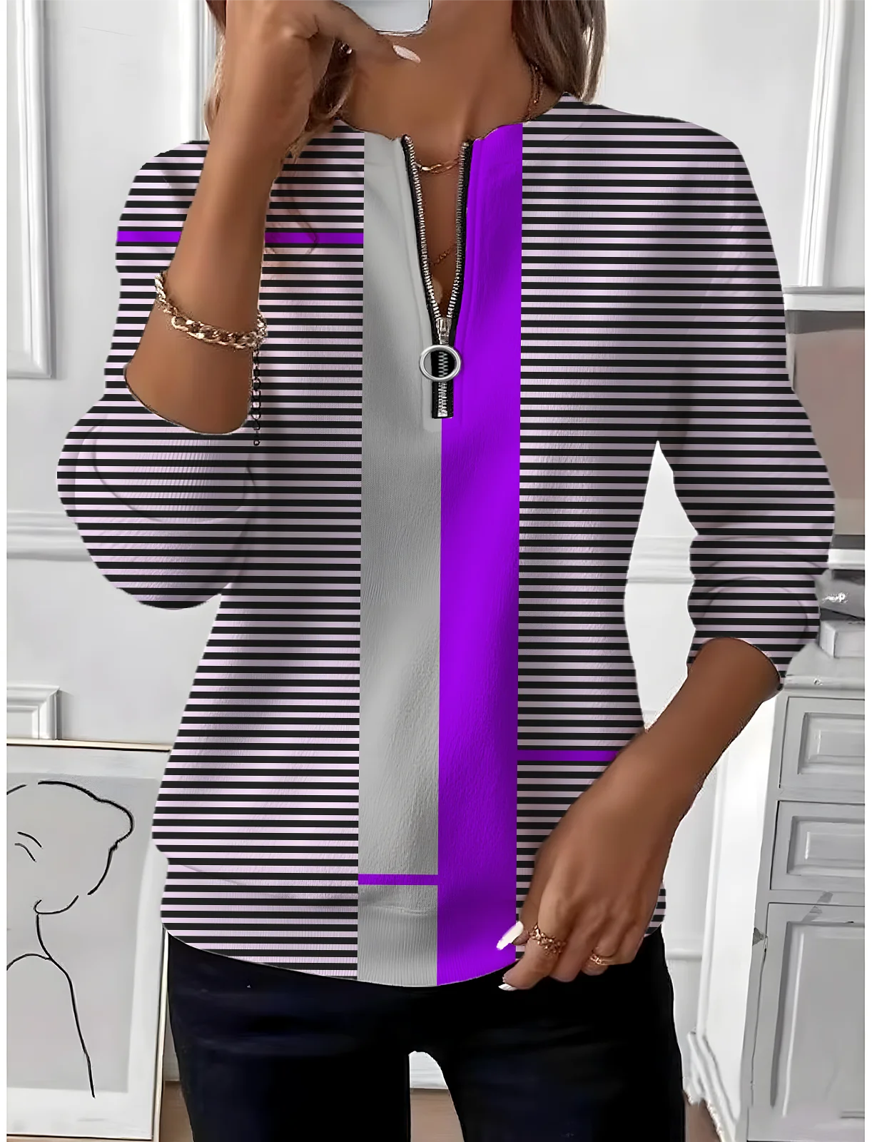 Retro Rundhals Gestreift Sweatshirt
