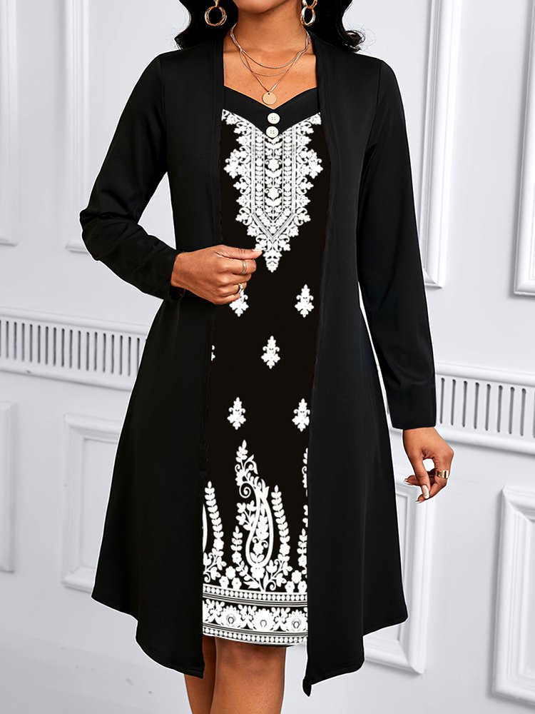 Damen Geometrisch Frühling/Herbst Kleid V-Ausschnitt Langarm A-Linien-Kleid