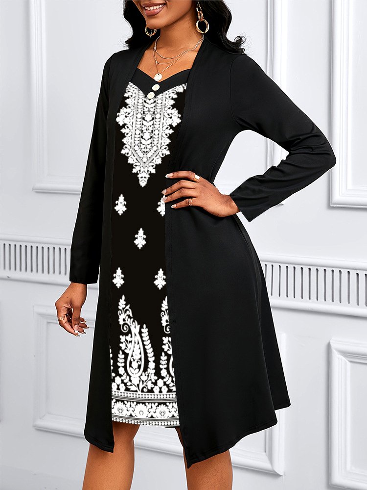 Damen Geometrisch Frühling/Herbst Kleid V-Ausschnitt Langarm A-Linien-Kleid