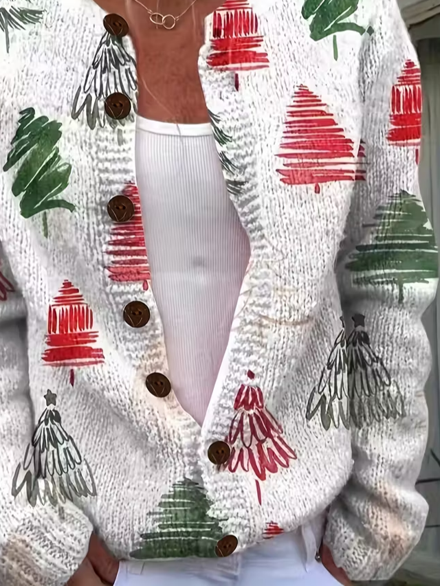 Damen Weihnachten Langarm Bequem Retro Print Strickjacke