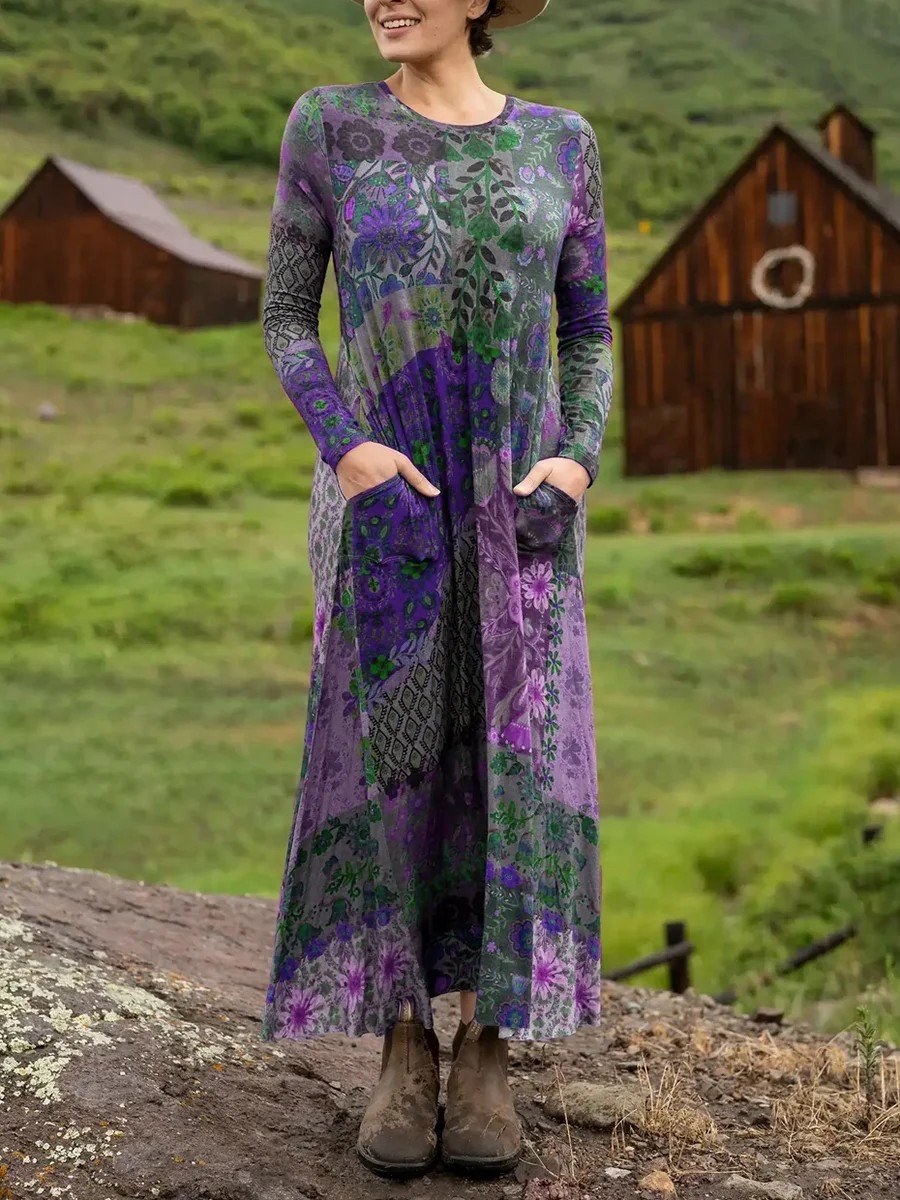 Damen Geometrisch Sommer Kleid Rundhals Langarm H-Linie Kleid