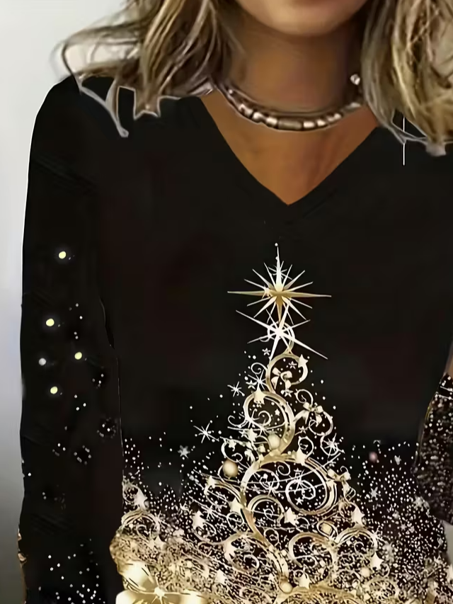 Lässig Weihnachten V-Ausschnitt Langarm T-Shirt
