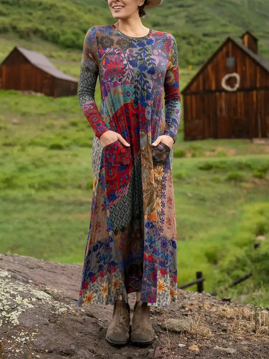 Damen Geometrisch Sommer Kleid Rundhals Langarm H-Linie Kleid