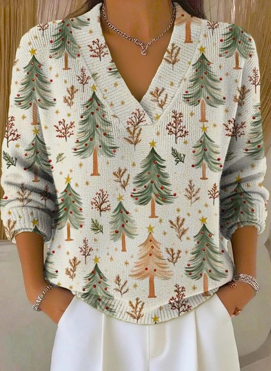 Damen Weihnachten Langarm Bequem Retro Pullover
