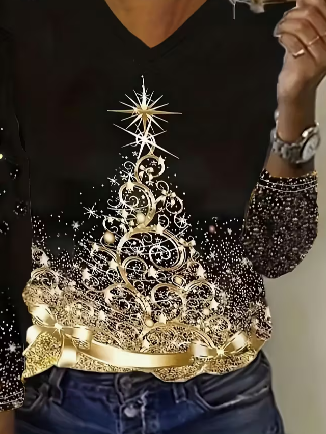 Lässig Weihnachten V-Ausschnitt Langarm T-Shirt