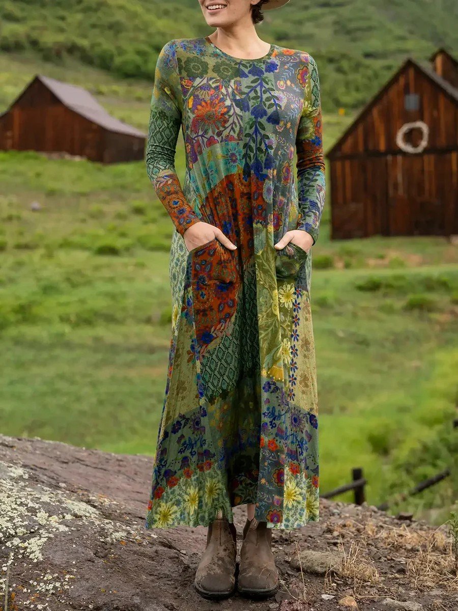 Damen Geometrisch Sommer Kleid Rundhals Langarm H-Linie Kleid