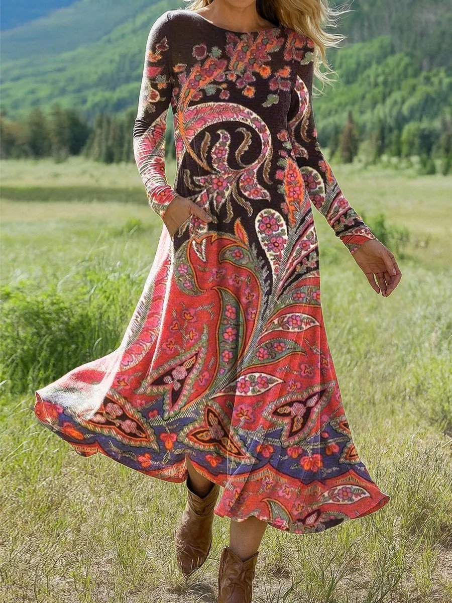 Damen Geometrisch Sommer Kleid Rundhals Langarm H-Linie Kleid