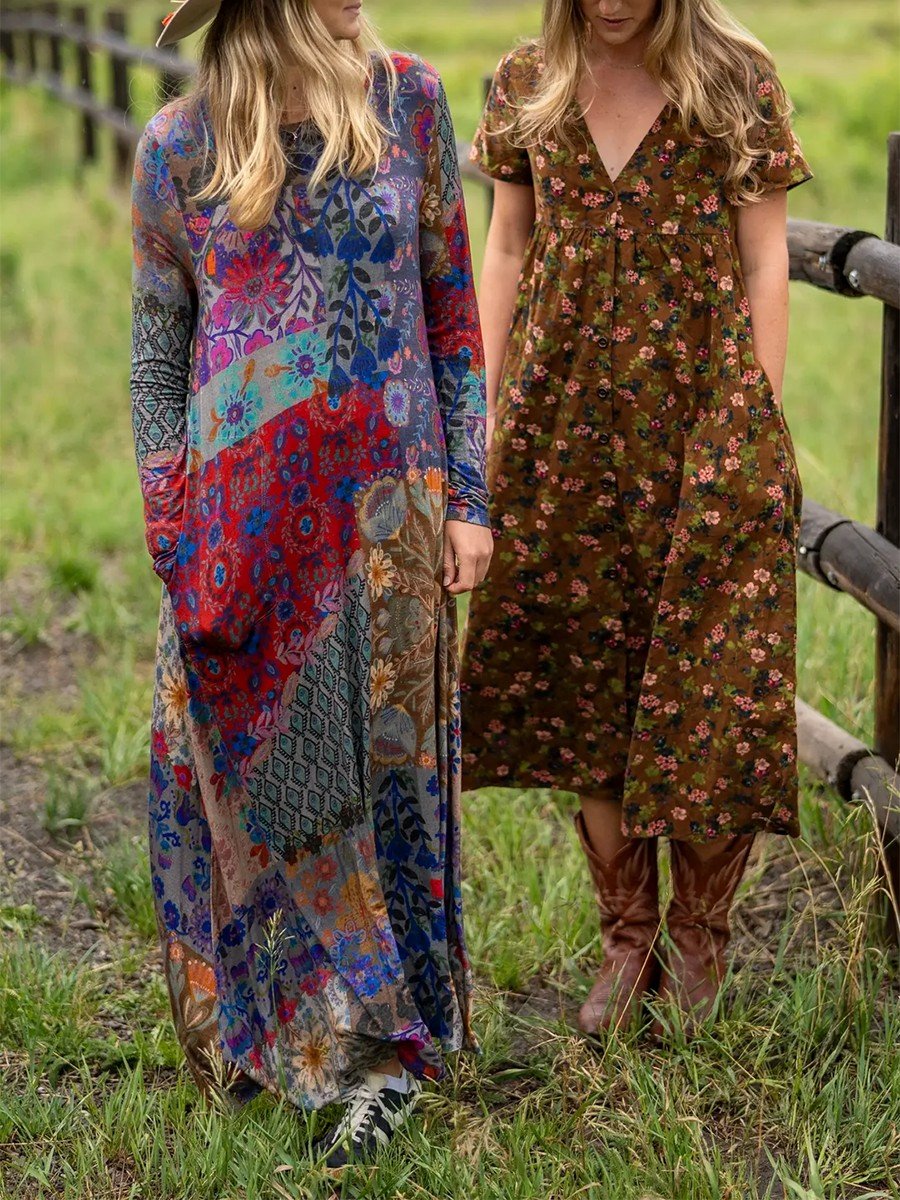 Damen Geometrisch Sommer Kleid Rundhals Langarm H-Linie Kleid