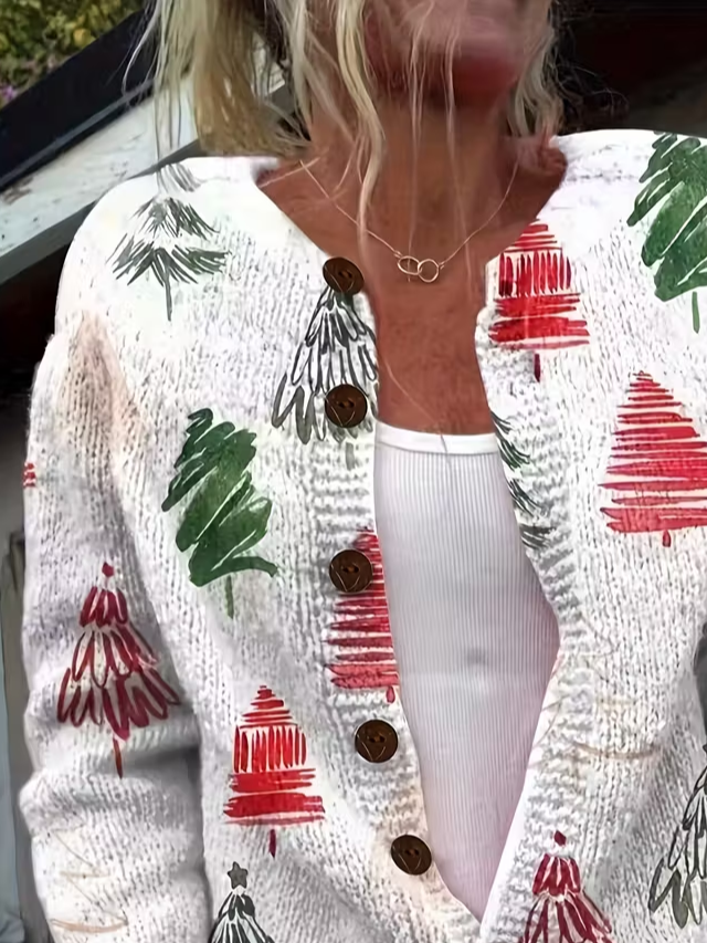 Damen Weihnachten Langarm Bequem Retro Print Strickjacke