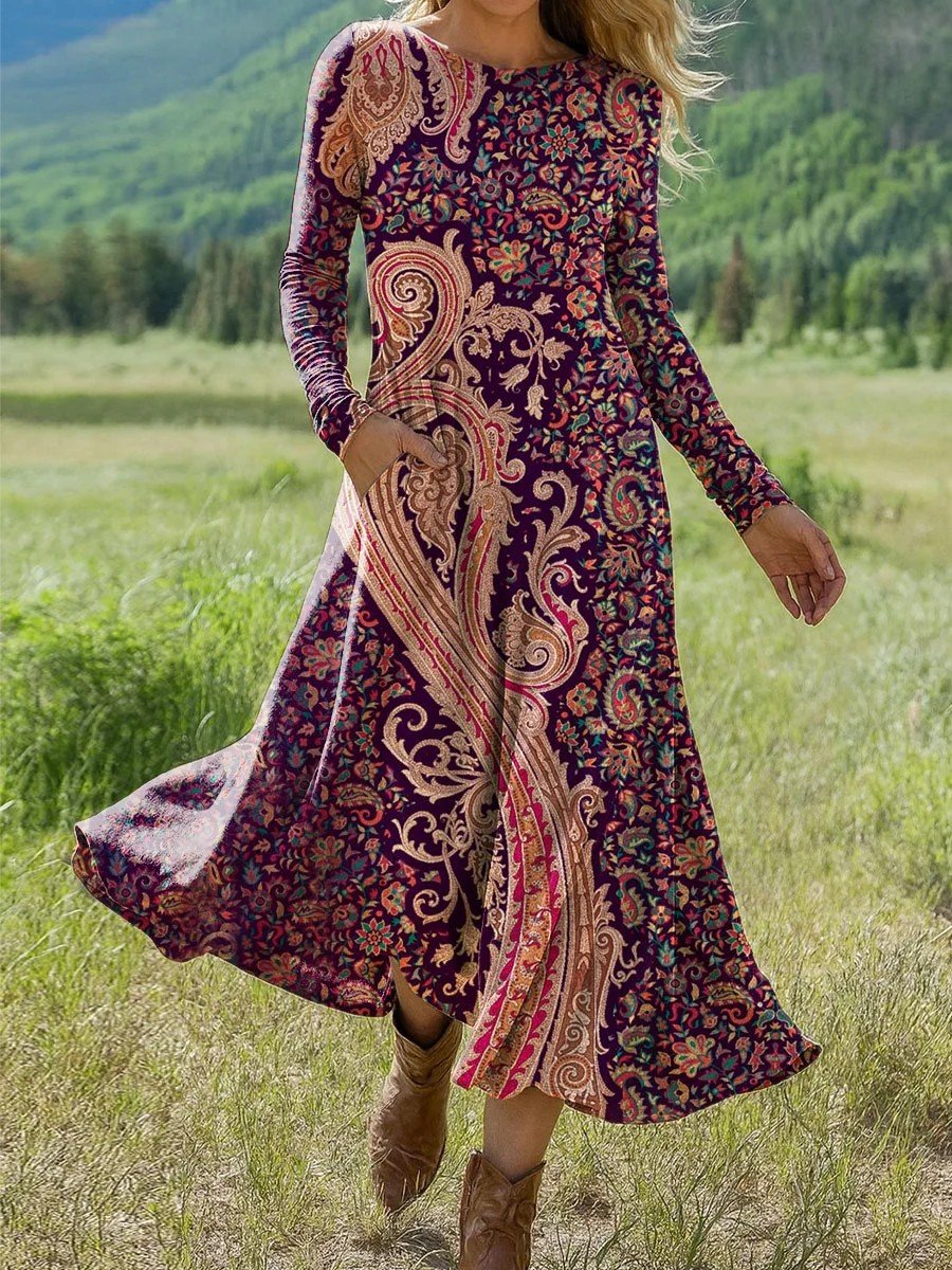 Damen Geometrisch Sommer Kleid Rundhals Langarm H-Linie Kleid