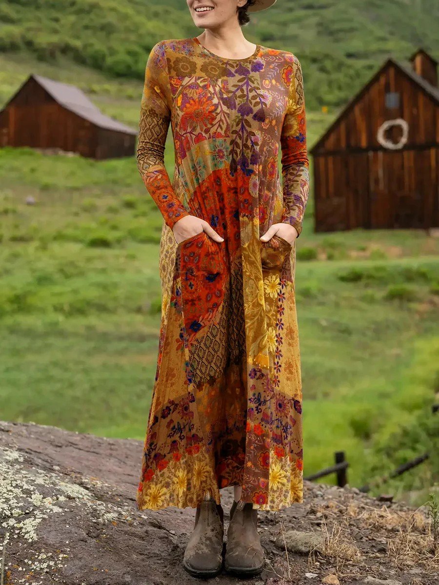 Damen Geometrisch Sommer Kleid Rundhals Langarm H-Linie Kleid