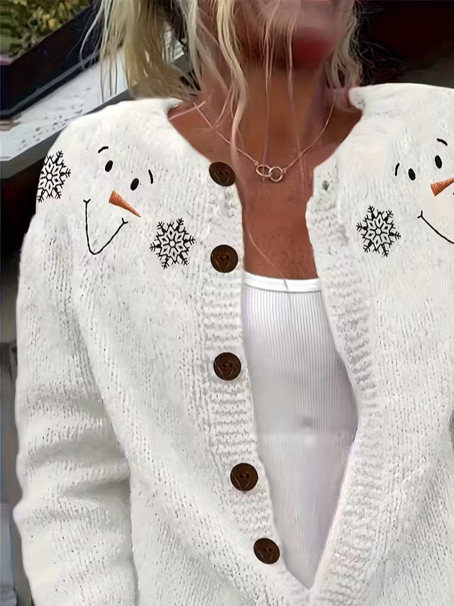 Damen Weihnachtsschneemann Langarm Bequem Retro Print Strickjacke