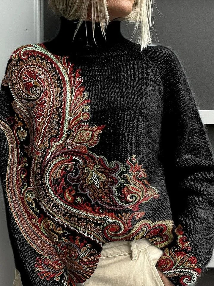 Damen Ethnisch Langarm Bequem Retro Print Pullover