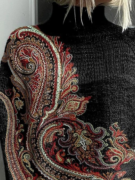 Damen Ethnisch Langarm Bequem Retro Print Pullover