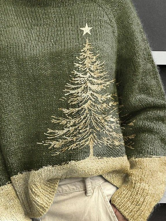 Damen Weihnachten Langarm Bequem Retro Print Pullover