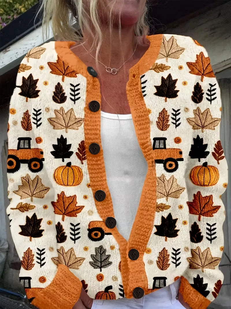 Damen Ahornblatt Langarm Bequem Retro Print Strickjacke