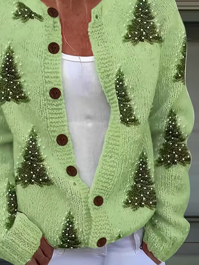 Damen Weihnachten Langarm Bequem Retro Print Strickjacke