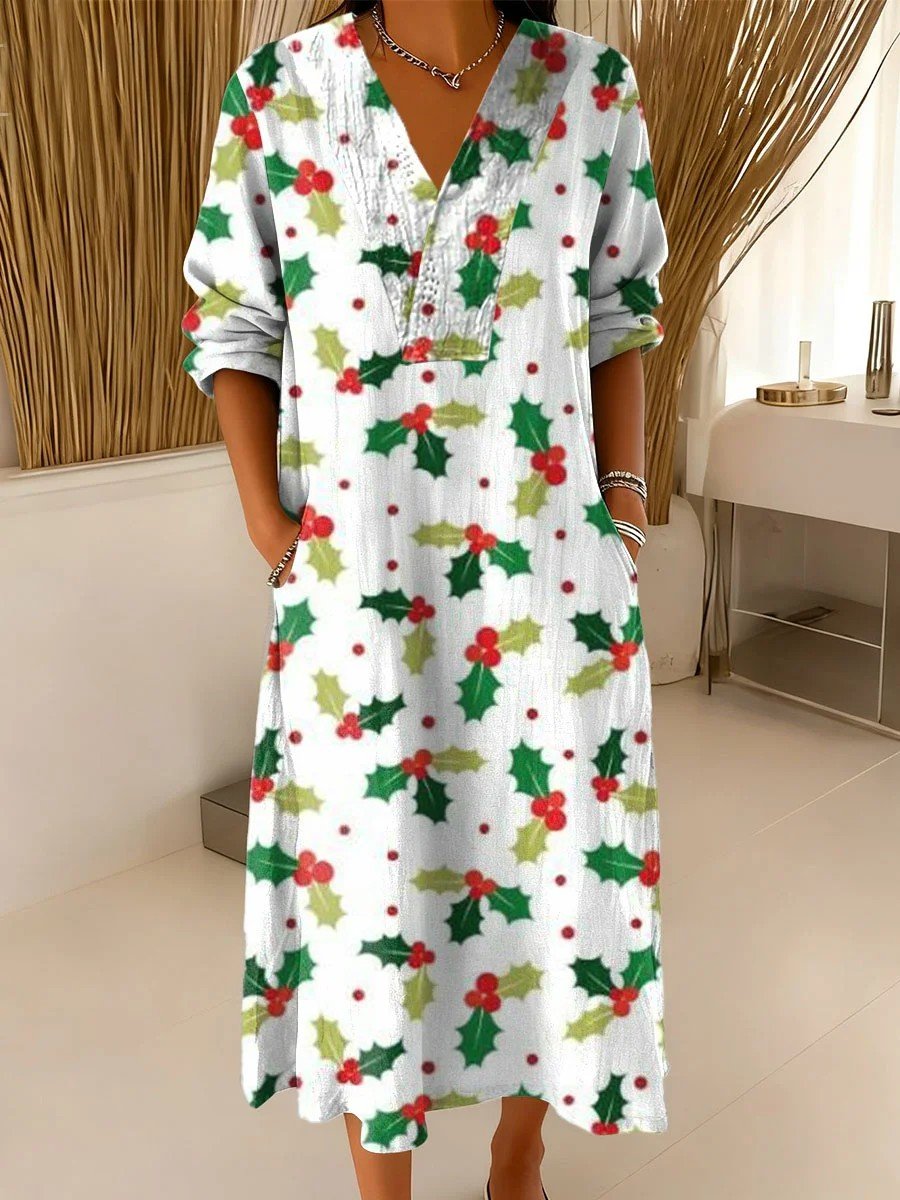 Damen Weihnachten Frühling/Herbst Kleid V-Ausschnitt Langarm A-Linien-Kleid