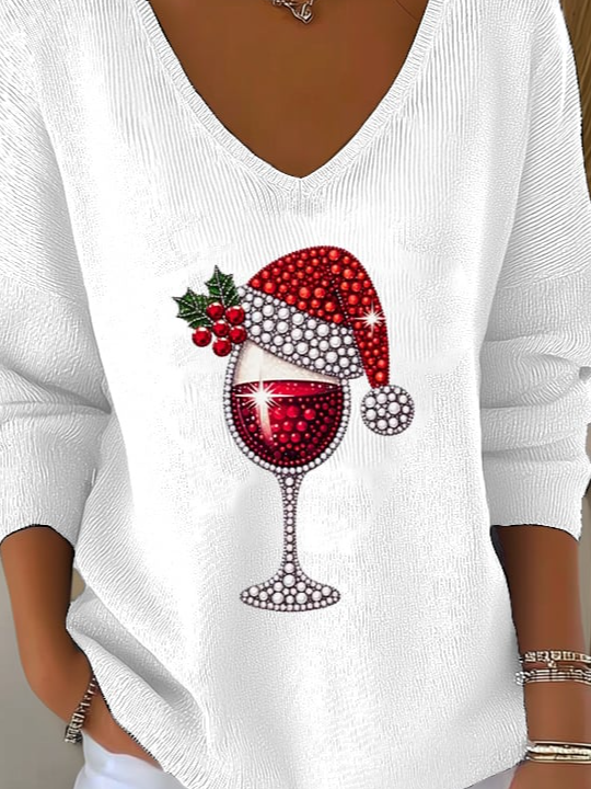 Damen Wein Glas Weihnachtsmütze Print V-Ausschnitt Pullover