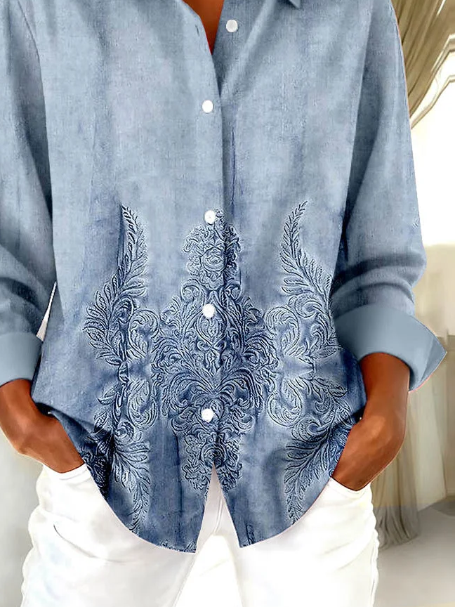 Hemdkragen Normale Ärmel Langarm Geblümt Schnalle Regelmäßig Weit Knopfhemd Bluse für Damen