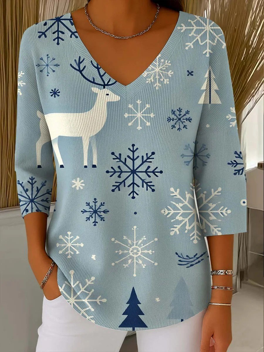Retro Weihnachten V-Ausschnitt Dreiviertelärmel T-Shirt