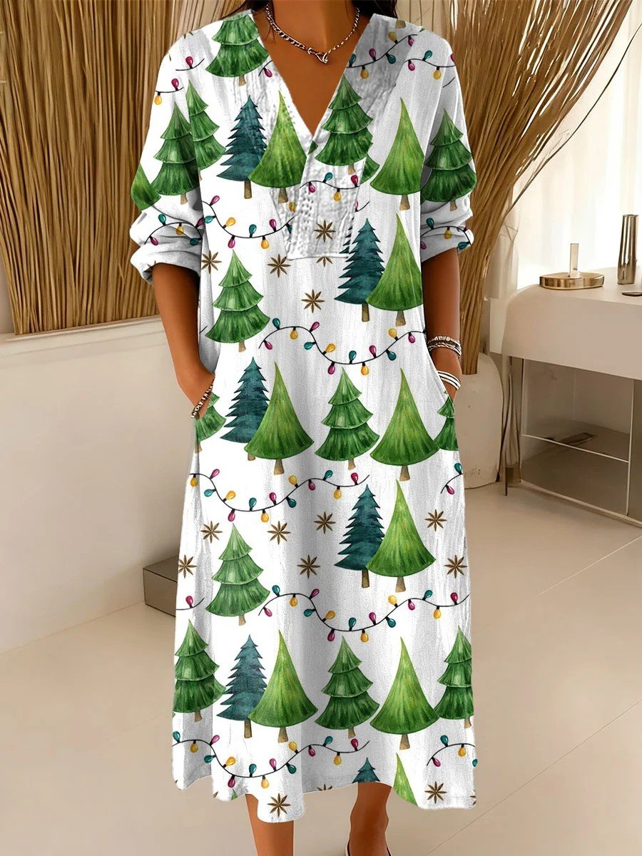Damen Weihnachten Frühling/Herbst Kleid V-Ausschnitt Langarm A-Linien-Kleid