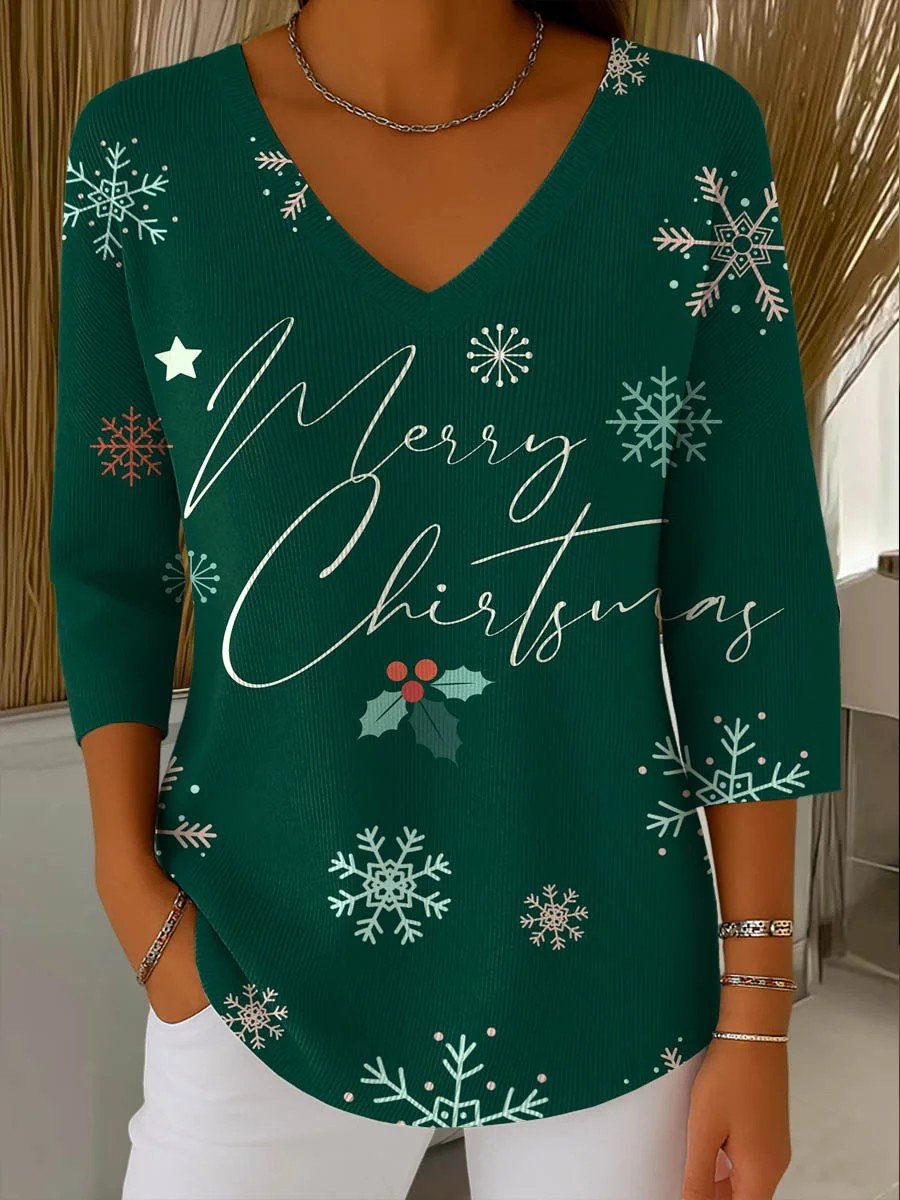 Retro Weihnachten V-Ausschnitt Dreiviertelärmel T-Shirt