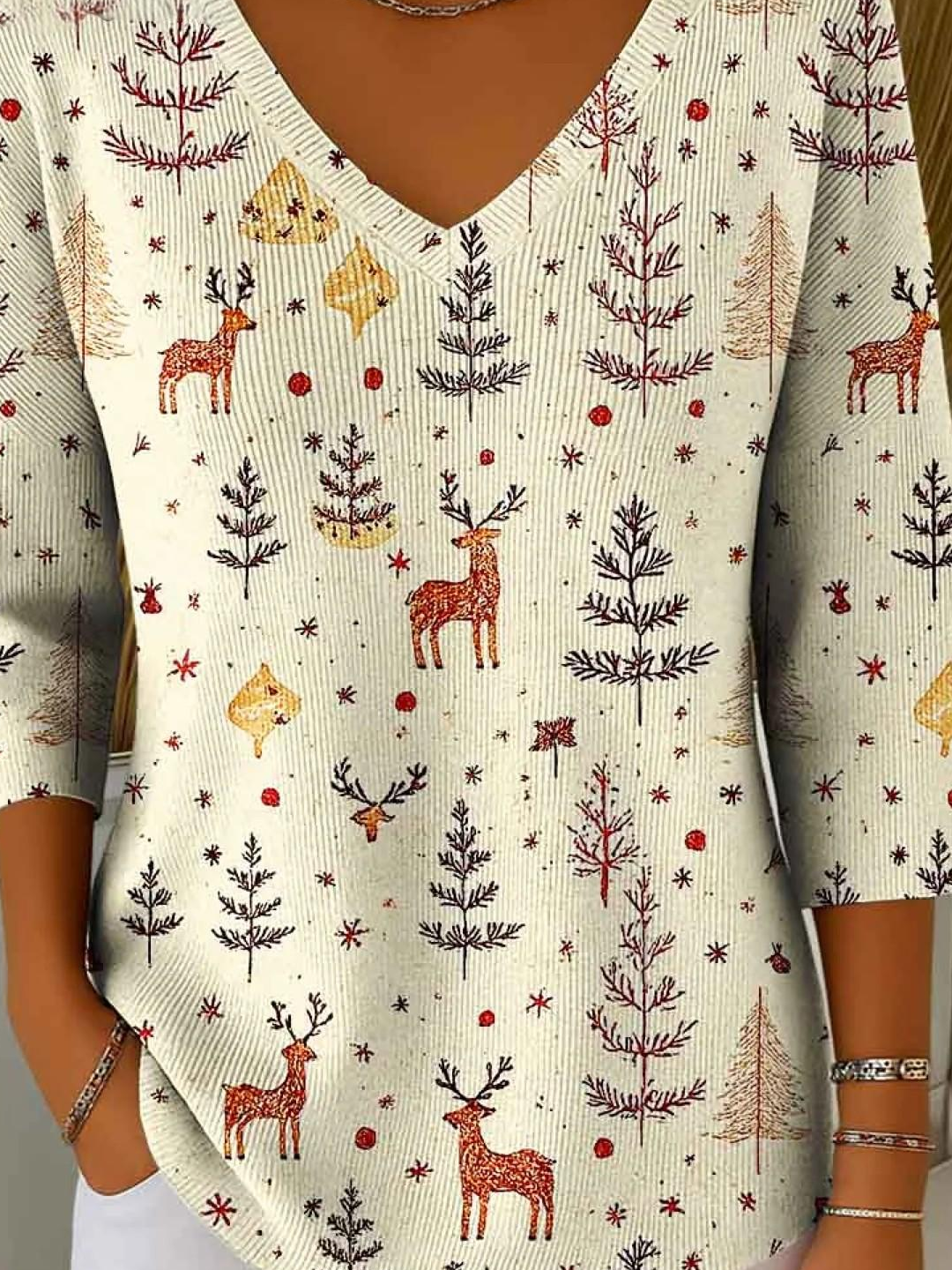 Retro Weihnachten V-Ausschnitt Dreiviertelärmel T-Shirt