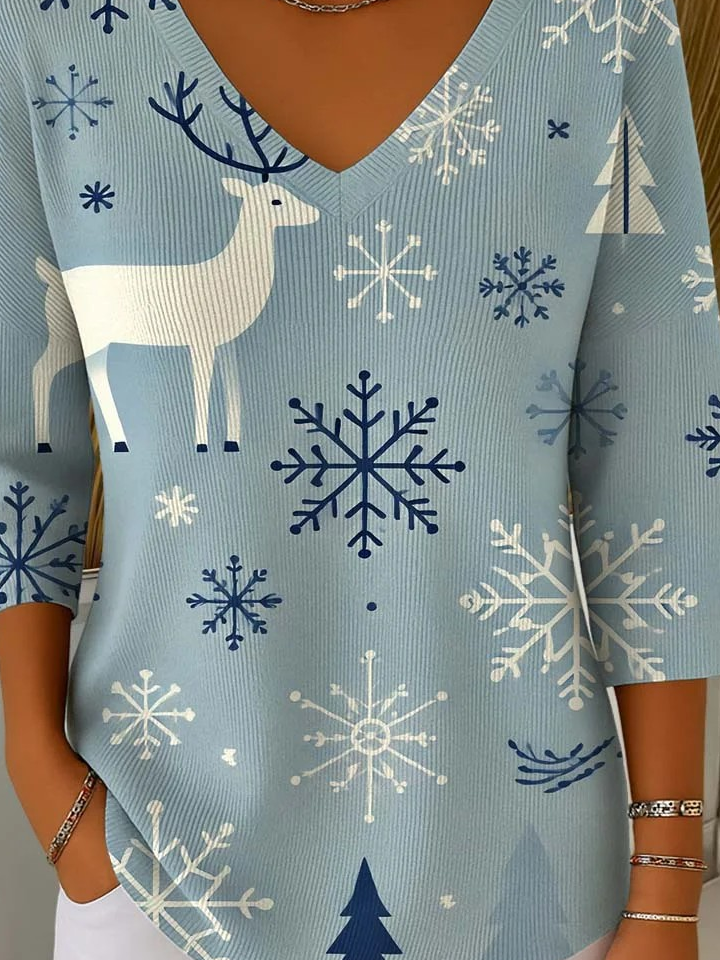 Retro Weihnachten V-Ausschnitt Dreiviertelärmel T-Shirt