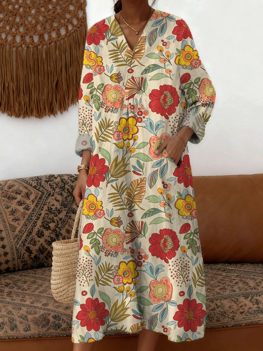 Damen Geometrisch Frühling/Herbst Kleid V-Ausschnitt Langarm A-Linien-Kleid
