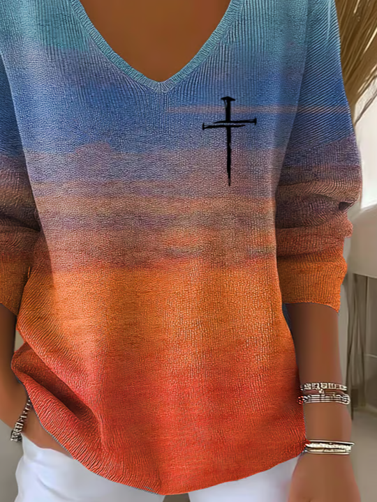 Lässig Abstrakt V-Ausschnitt Langarm T-Shirt