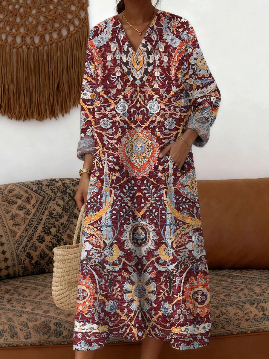 Damen Geometrisch Frühling/Herbst Kleid V-Ausschnitt Langarm A-Linien-Kleid