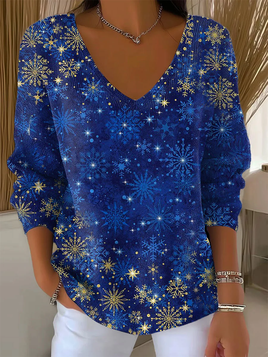Lässig Weihnachten V-Ausschnitt Langarm T-Shirt
