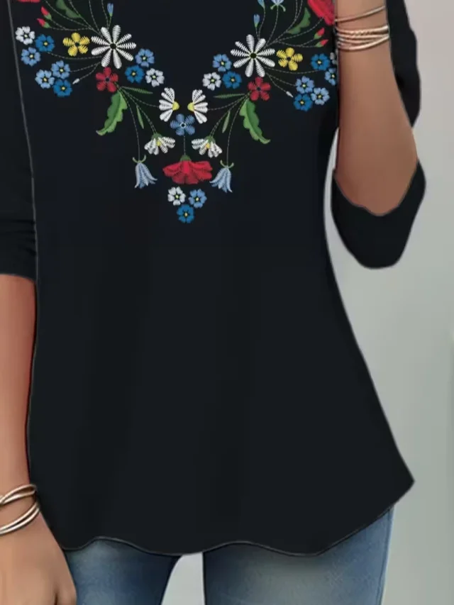 Lässig Geblümt Rundhals Langarm T-Shirt