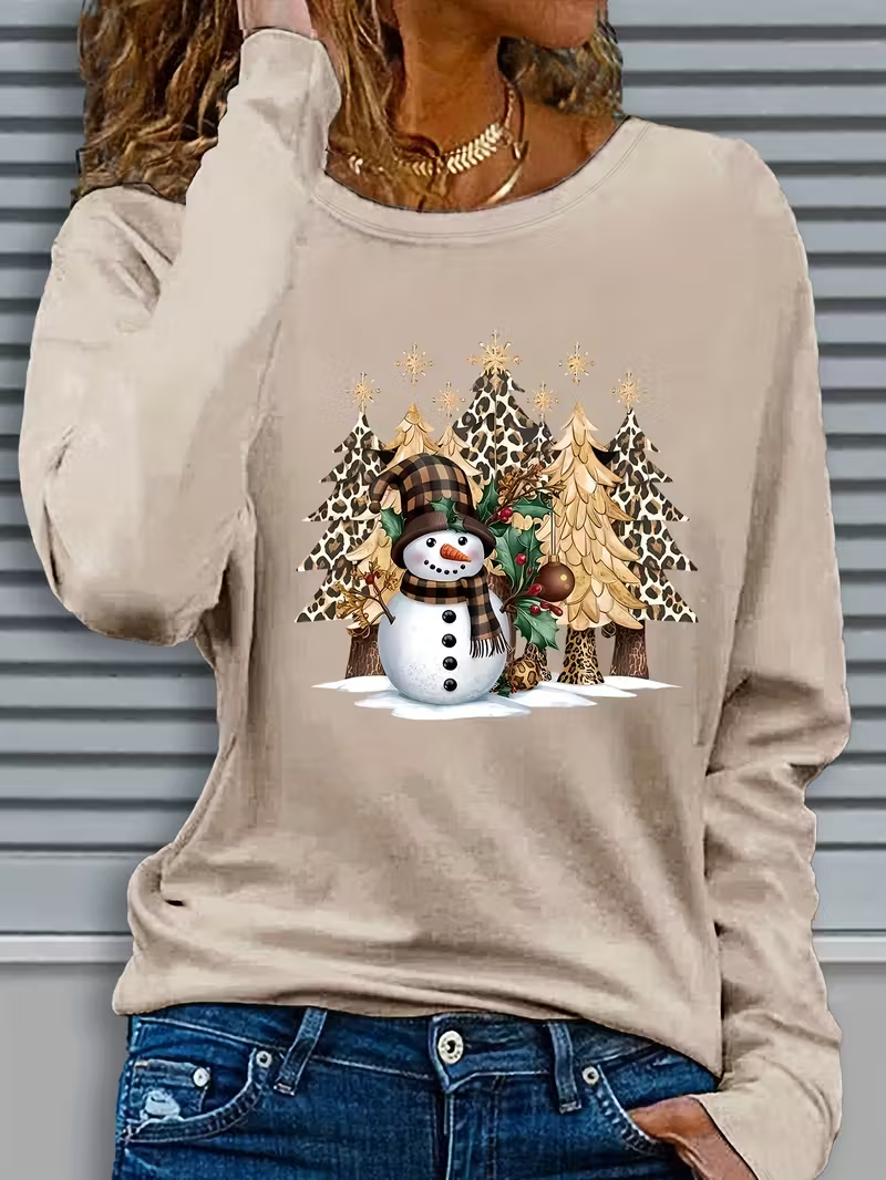 Lässig Weihnachtsschneemann Rundhals Langarm T-Shirt