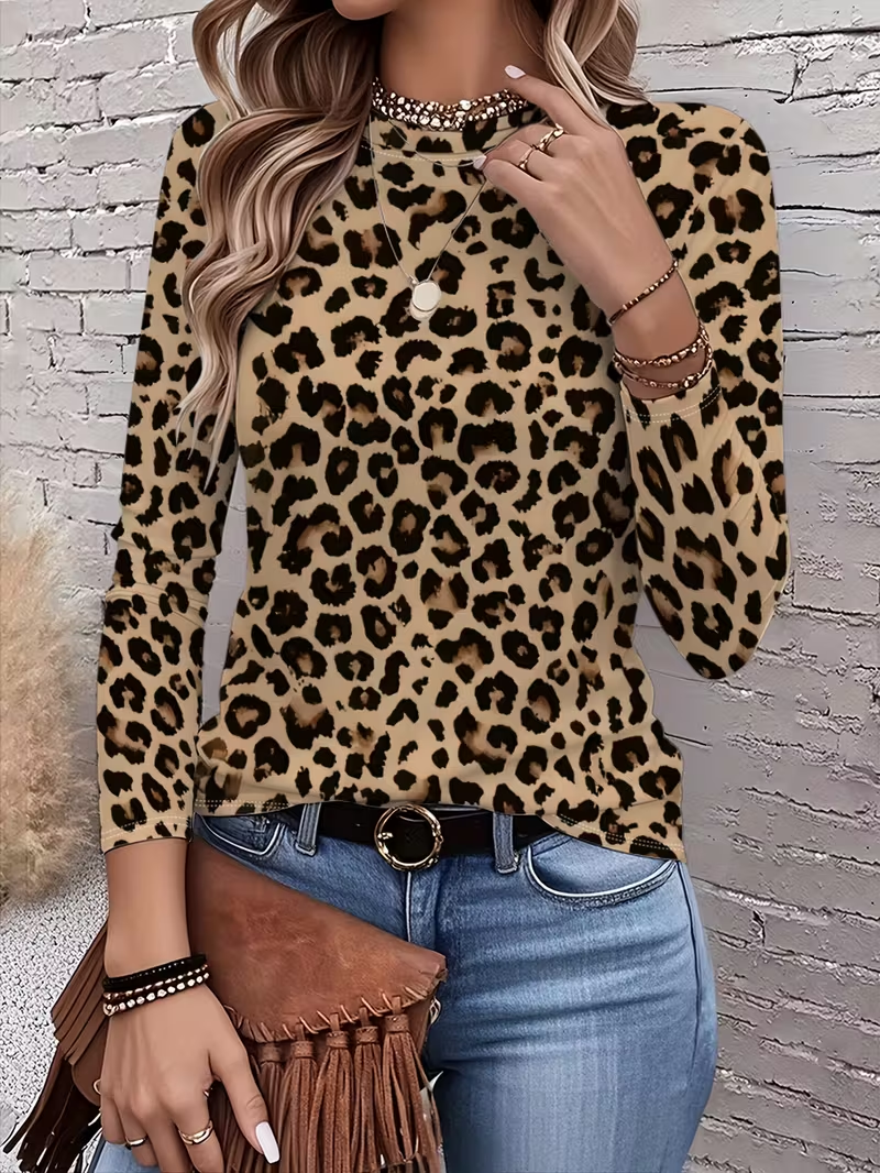 Lässig Leopard Rundhals Langarm T-Shirt