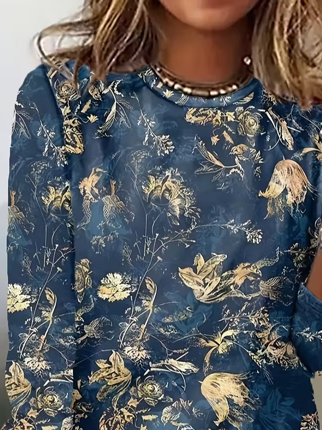 Lässig Geblümt Rundhals Langarm T-Shirt
