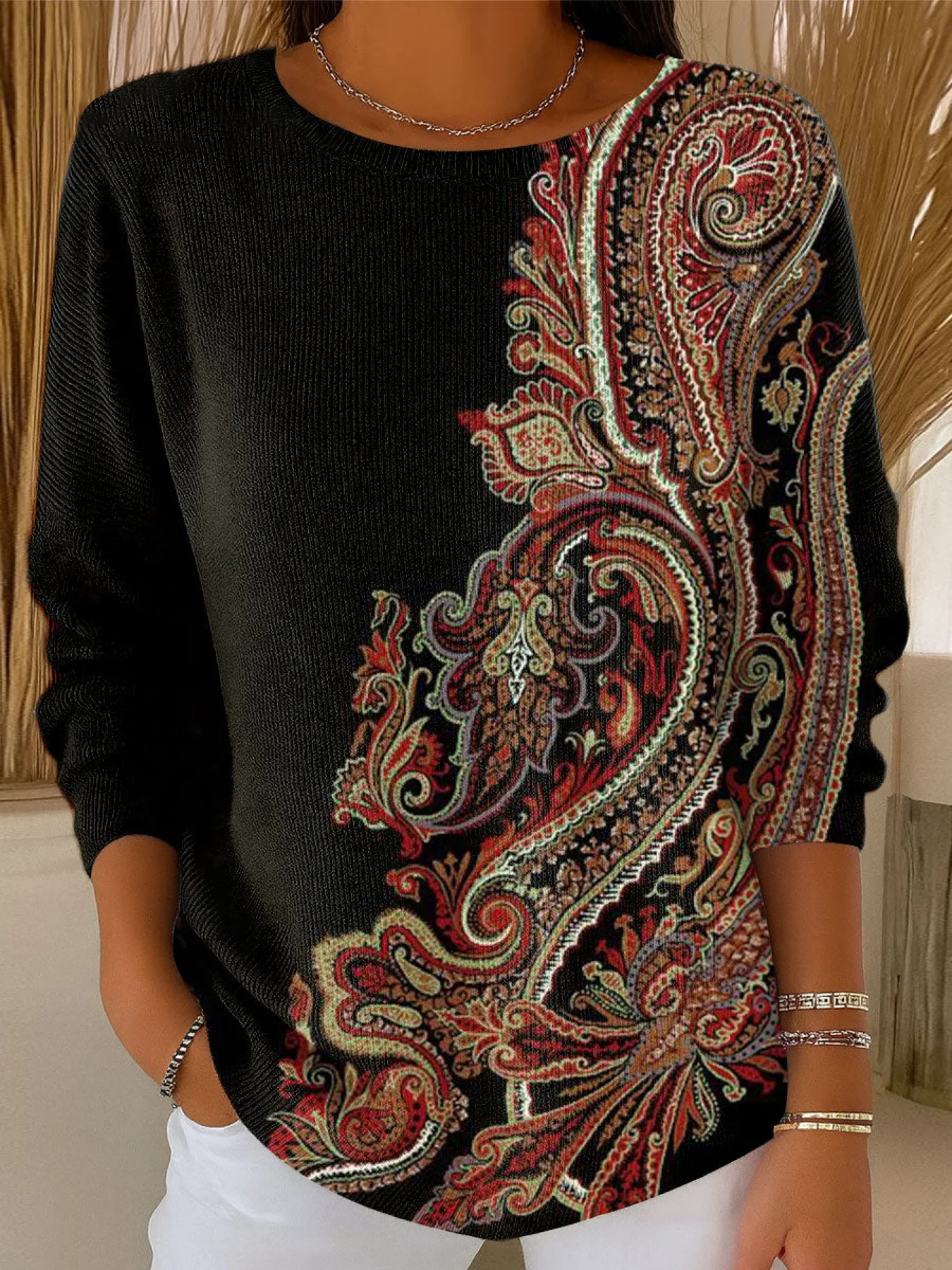 Damen Geblümt Langarm Bequem Lässig Print Pullover