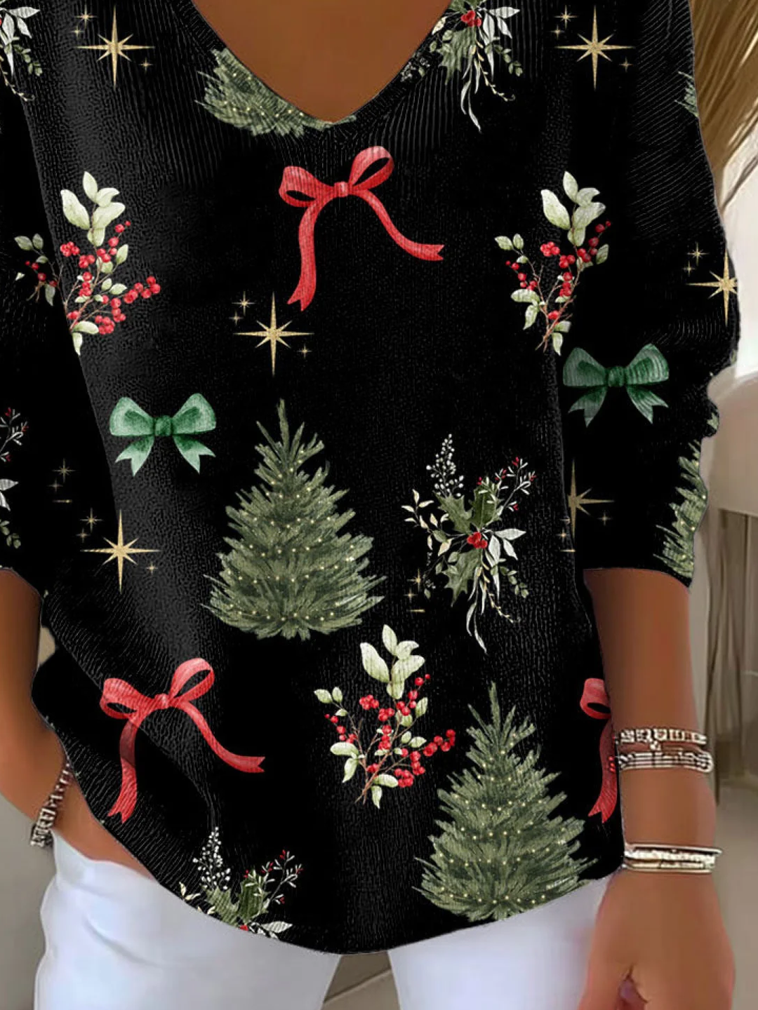 Lässig Weihnachten V-Ausschnitt Langarm T-Shirt