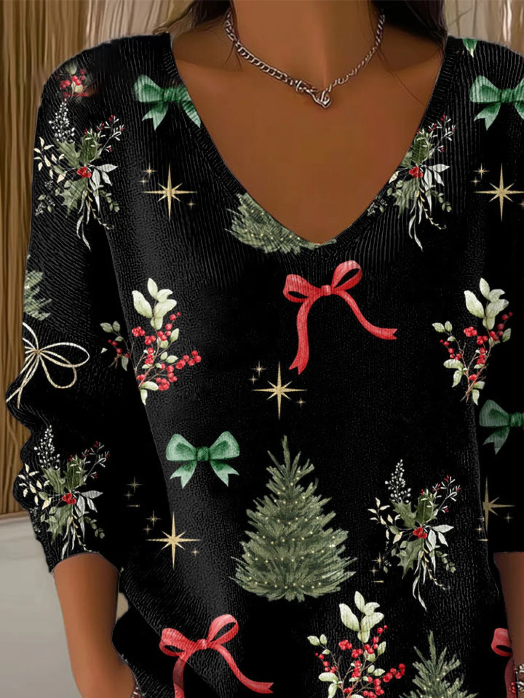 Lässig Weihnachten V-Ausschnitt Langarm T-Shirt