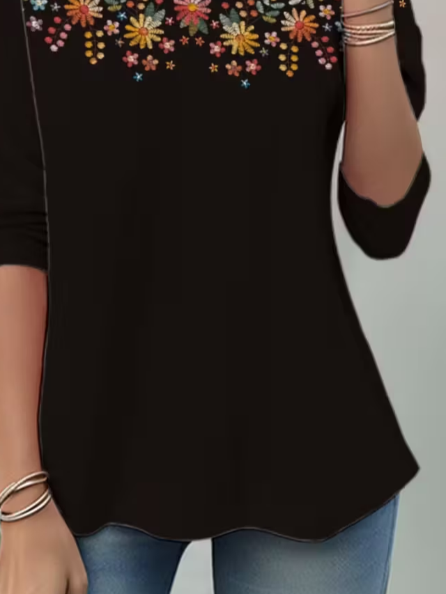 Lässig Geblümt Rundhals Langarm T-Shirt