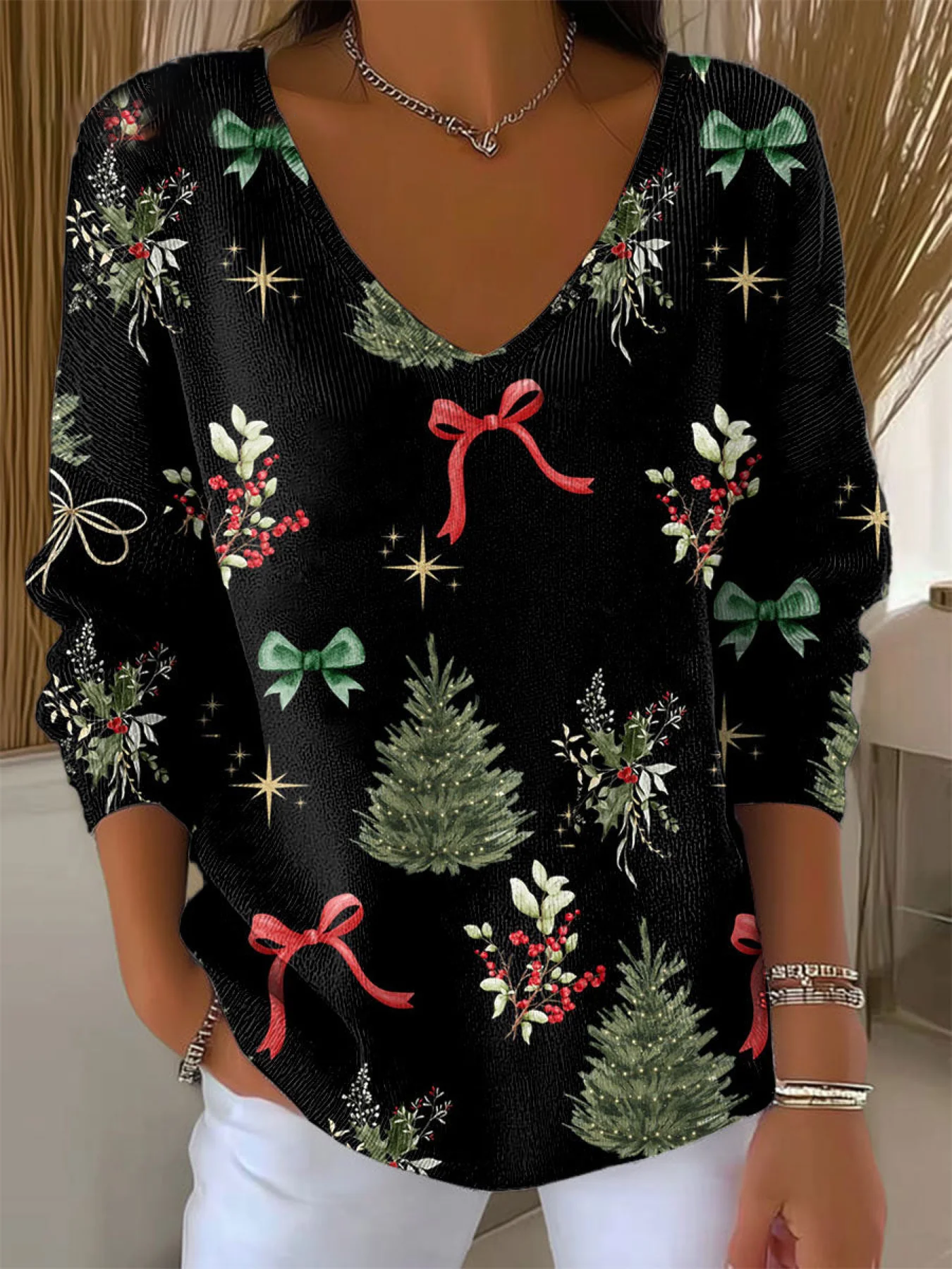Lässig Weihnachten V-Ausschnitt Langarm T-Shirt